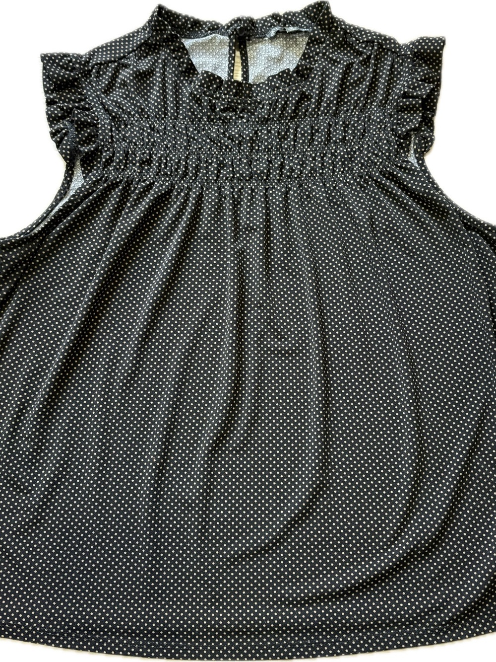 Adrianna Papell Black with Gold/Tan Polka Dot Ruffle Sleeveless Blouse XL - Picture 4 of 5